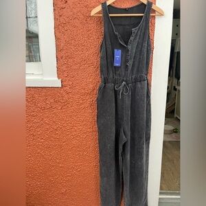 Women's Denim Scoop Neck Sleeveless Drawstring Waist Jumpsuits Overall XS